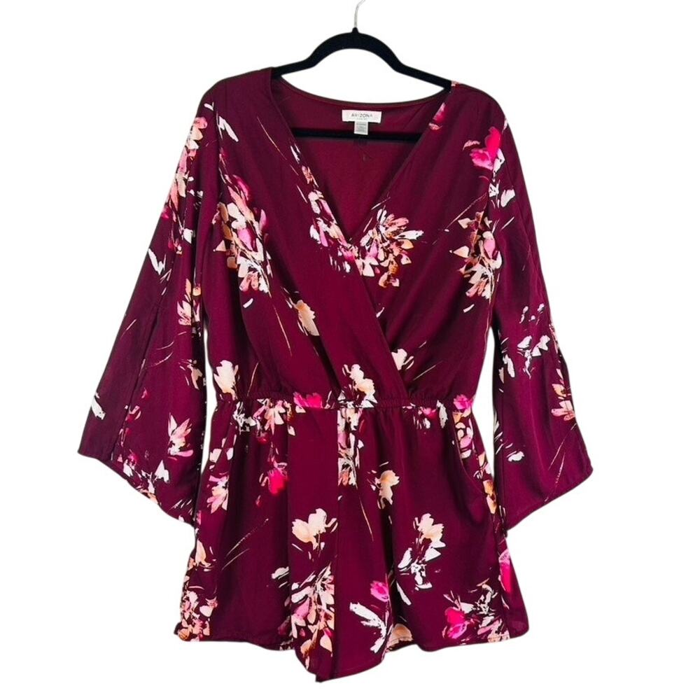 Arizona Womans Sz‎ XL Romper V Neck Floral Maroon Split 3/4 Sleeve Pockets